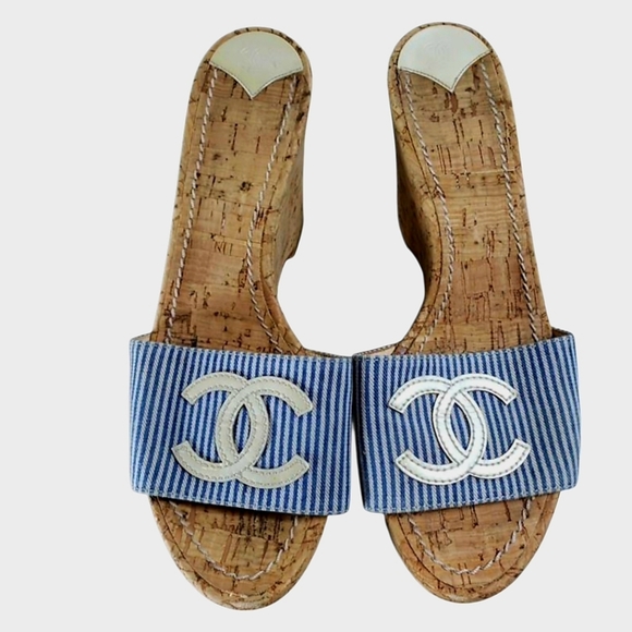 Chanel Classic CC Logo Cork Wedge Sandals Size 37 Authentic Vintage Y2K - Picture 13 of 13